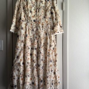 Dainty Jewells Cream Floral Midi Dress with Brown & Gray Accents